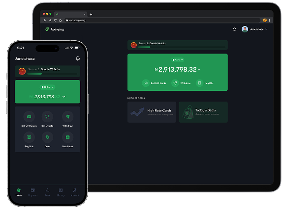 Apexpay dashboard on mobile showing gift card trading interface